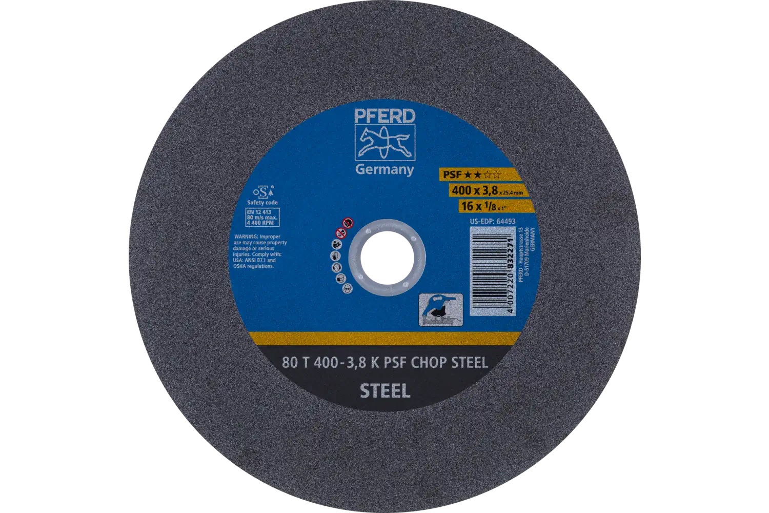 Picture of Pferd Large Diameter Cut-Off Wheel 16" X 1/8 X 1, Psf Chop Steel, K, Aluminum Oxide